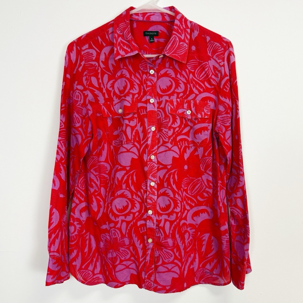 Talbots Button Down Shirt Womens Small Red Purple Patterned Collared Blouse